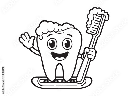 Cute cartoon tooth character with smiling face holding toothbrush and waving hand, dental hygiene illustration for kids coloring book, oral care education concept, line art style drawing
