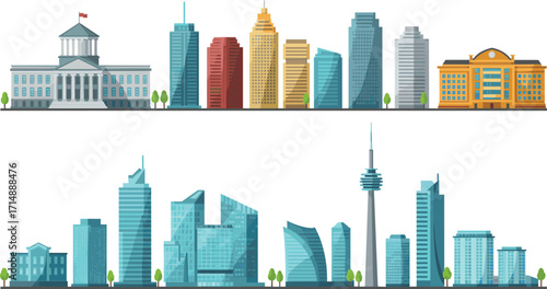 Modern and classical cityscape, urban skyline illustration, architectural diversity graphic, colorful buildings, tower and dome structures, city design clipart