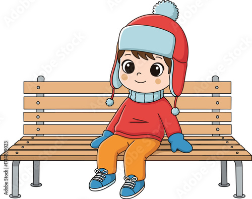 Cartoon child in winter clothes, sitting on bench, red hat, blue gloves, seasonal outfit, cold weather, cozy scene, illustration, outdoor moment