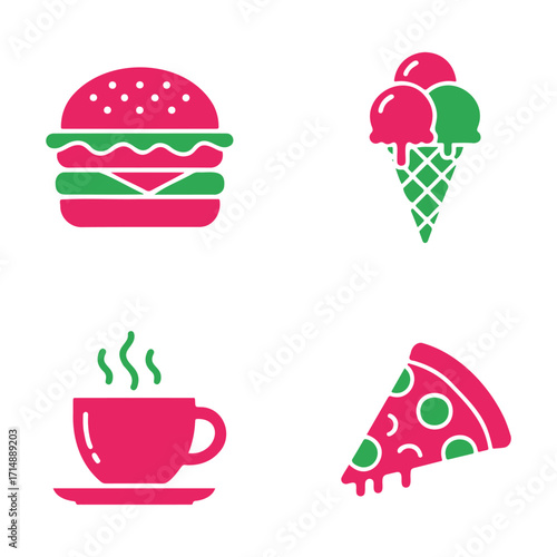 A collection of four colorful icons representing popular fast food items: a hamburger, an ice cream cone, a steaming cup of coffee, and a slice of pizza.