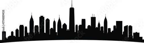 Panoramic city skyline silhouette, urban architecture, spired tower, black vector design, high-rise buildings, curved layout, metropolitan icon, modern structure
