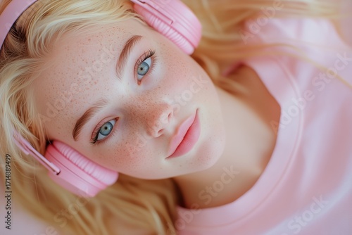 Girl With Pink Headphones Relaxing on a Soft Surface During Daytime