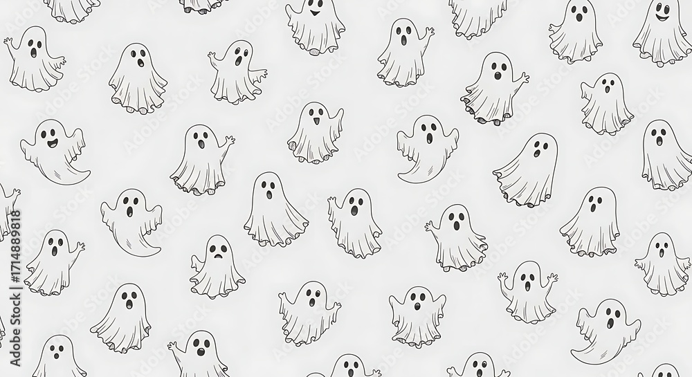 A Whimsical Swarm of Hand-Drawn Cartoon Ghosts in a Seamless Monochrome Pattern. A Whimsical Swarm of Hand-Drawn Cartoon Ghosts in a Seamless Monochrome Pattern.