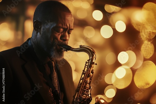 Saxophonist Performs Passionately at an Evening Event Surrounded by Soft Gold...