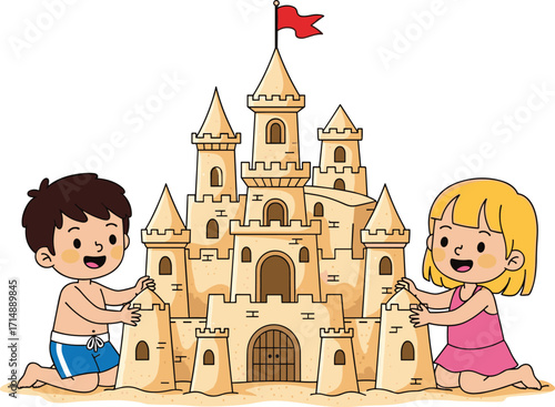 Cartoon children building sandcastle, beach playtime, summer fun, teamwork, creative activity, sand towers, seaside scene, vacation moment, kids, illustration