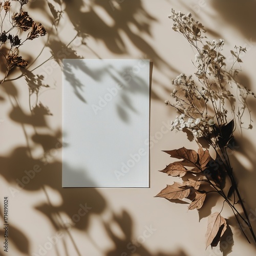 Elegant Arrangement of Dried Flowers Casting Shadows on Blank Paper