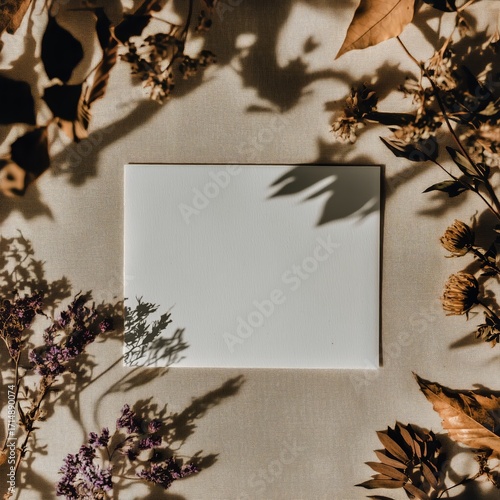 Elegant Arrangement of Dried Flowers Casting Shadows on Blank Paper.