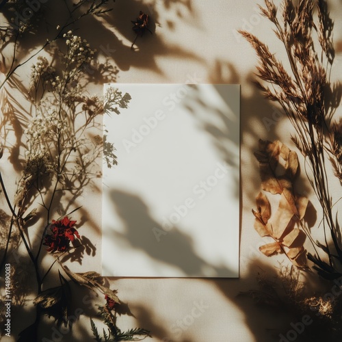 Natural Shadows Create a Stunning Backdrop for a Blank Paper Surrounded by Dr...