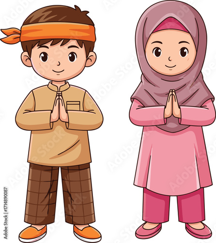 Cartoon children greeting respectfully, cultural outfits, traditional gesture, hijab and headband, tan and pink clothing, celebration, diversity, respect, illustration