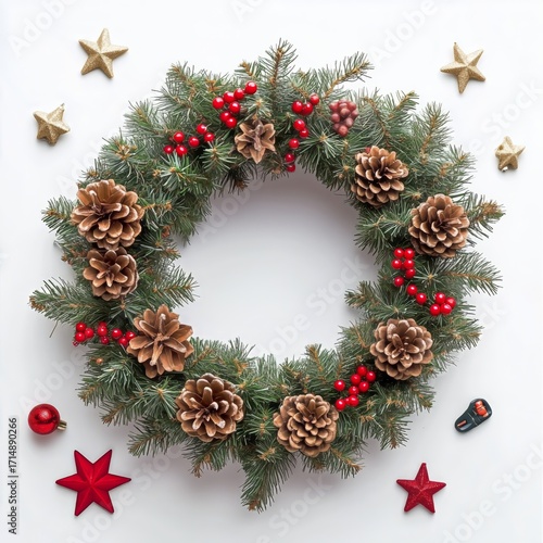 Beautiful Christmas Wreath With Pinecones and Berries on a White Background D...