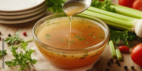 A bowl of flavorful broth is being poured, surrounded by fresh vegetables like celery and garnished with herbs, set on a rustic wooden surface.