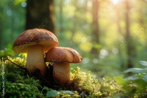Gorgeous Mushrooms Grow on Soft Moss in a Sunlit Forest During Early Morning ...