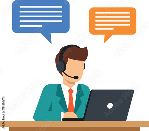 Cartoon customer support agent, headset and laptop, online communication, teal jacket, red tie, remote work, speech bubbles, service, help, illustration