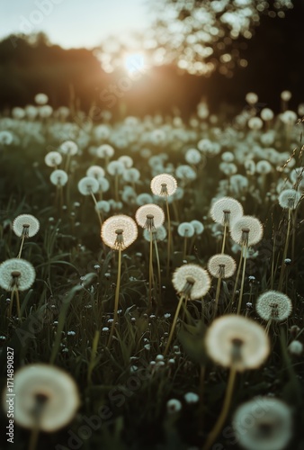 Golden Sunset Over a Field of Dandelions During a Warm Evening