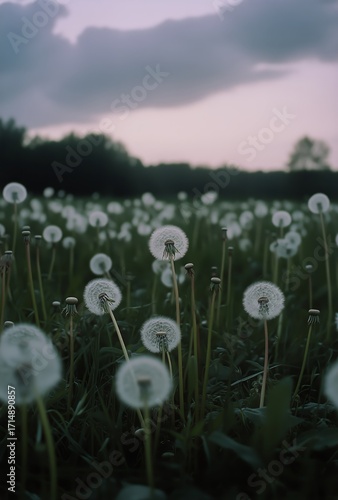 Golden Sunset Over a Field of Dandelions During a Warm Evening.