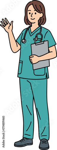 Cartoon medical professional waving, teal scrubs, stethoscope, clipboard, healthcare worker, nurse or doctor, friendly pose, hospital staff, illustration