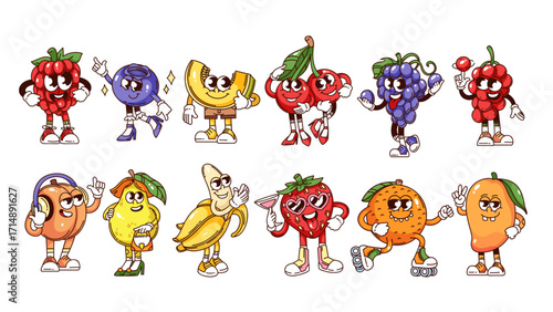 Groovy fruit and berry cartoon characters set. Funny retro raspberry blueberry cherry mango orange strawberry banana. Fruit mascot, cartoon stickers collection of 70s 80s style vector illustration