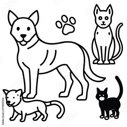 Charming collection of diverse pet shop animals including dogs cats birds and small mammals rendered in a vibrant graphic style