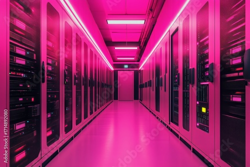 Bright Pink-Lit Data Center Corridor With Servers and Technology Equipment at...