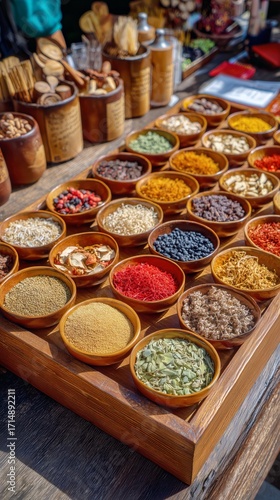 Colorful Variety of Spices Displayed at a Market in a Vibrant Outdoor Setting