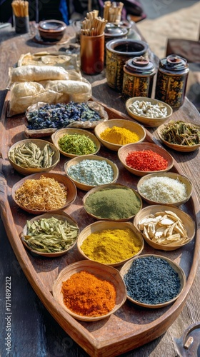 Colorful Variety of Spices Displayed at a Market in a Vibrant Outdoor Setting.