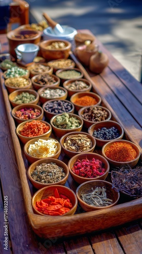 Colorful Display of Various Spices Arranged on a Wooden Table in a Bright Out...