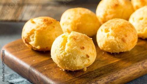 Golden cheese buns on a wooden board