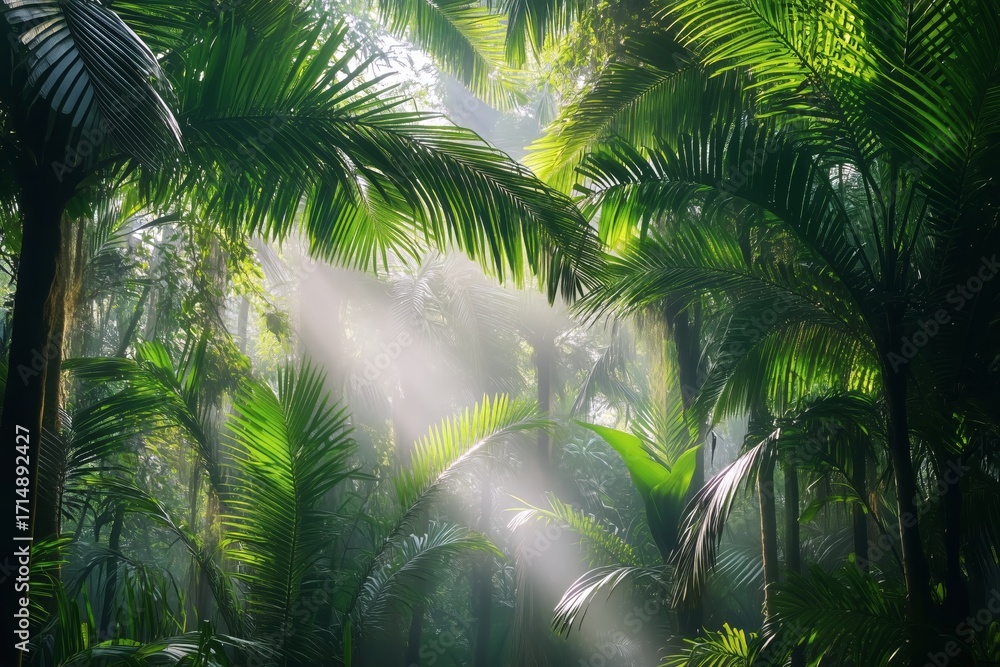 Naklejka premium Lush Tropical Jungle With Sun Rays Penetrating Through Dense Green Foliage in a Serene Natural Setting