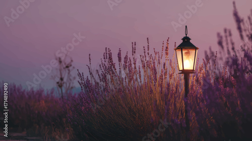 Glowing lantern among lavender at dusk creating serene Halloween twilight garden scene.