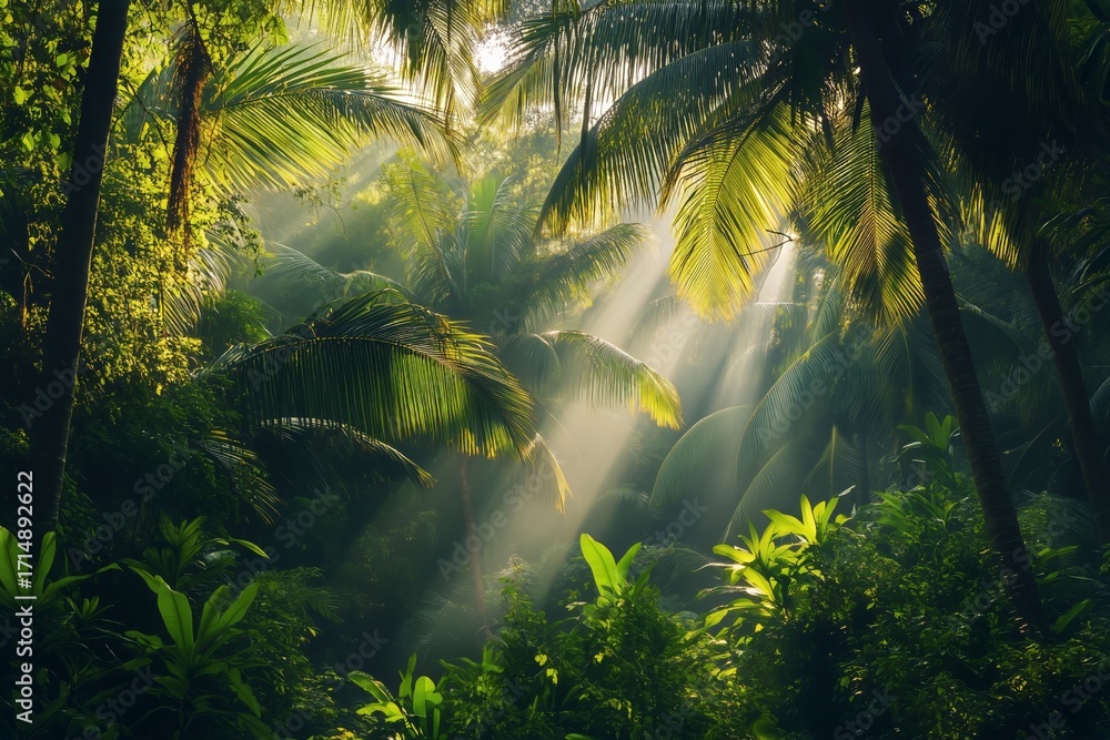 Naklejka premium Lush Green Jungle With Sunlight Filtering Through Tall Palm Trees in a Tropical Rainforest Setting.