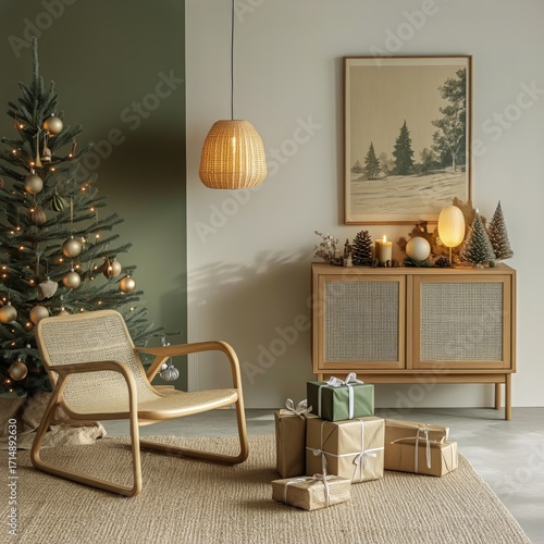 Cozy Holiday Living Room With a Christmas Tree and Wrapped Gifts Decorated fo...
