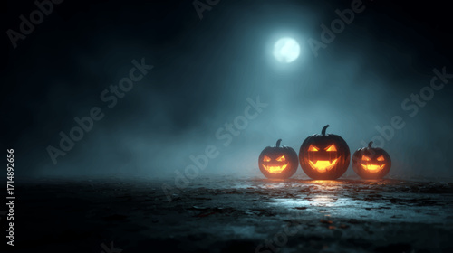Three glowing jack o lantern pumpkins under full moon with misty eerie Halloween atmosphere.