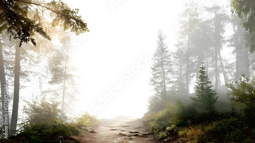 Misty forest path isolated on white background