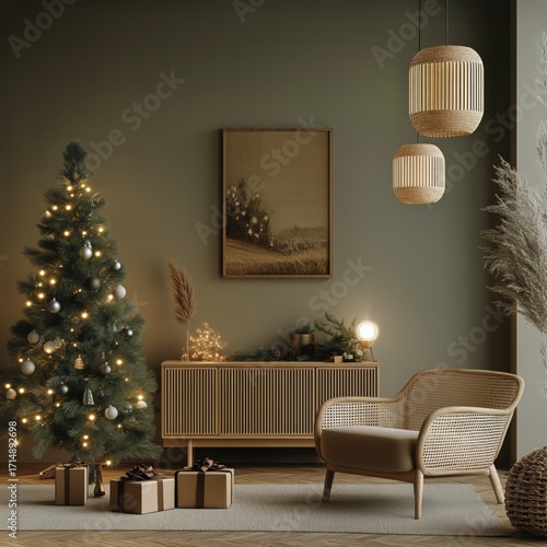 Cozy Holiday Living Room With Decorated Tree and Soft Lighting