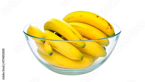 A clear glass bowl filled with ripe yellow bananas isolated on transparent background