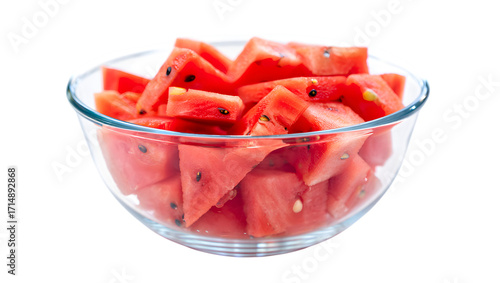 Freshly cut watermelon chunks in a clear glass bowl isolated on transparent background