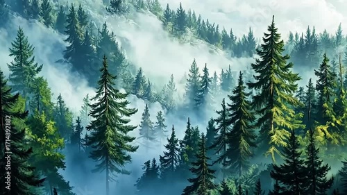 Snow-covered fir trees in a winter forest scene, with pine and spruce trees creating a peaceful scene.