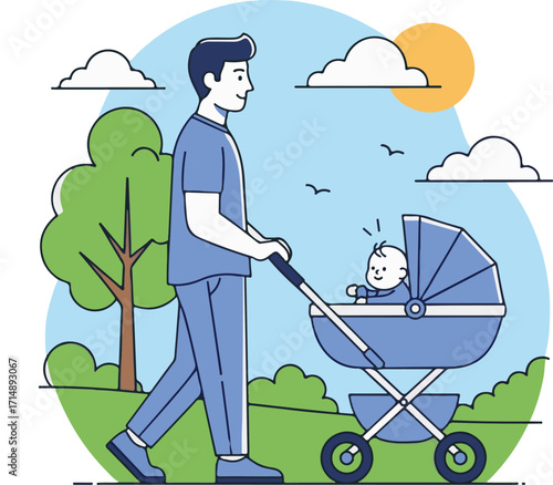 Father Pushing Baby Stroller Outdoors in a Park on a Sunny Day
