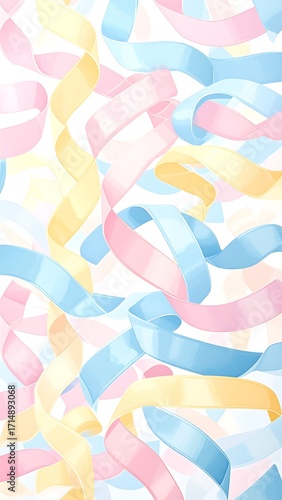 Pastel ribbons fill the frame, creating a festive pattern