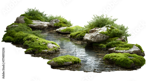 Mossy stream and rocks isolated on white background