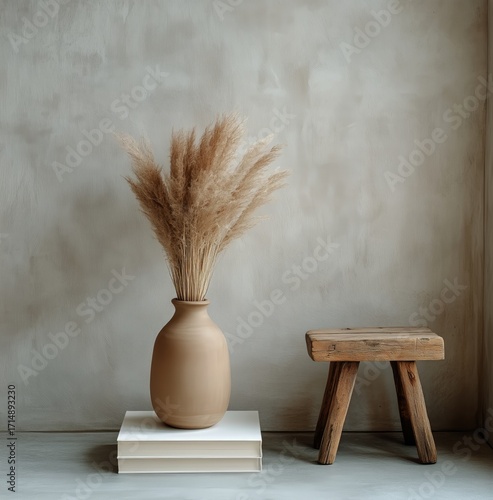 Decorative Vase With Dried Plants on a Wooden Stool in a Cozy Living Room Set...