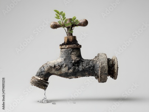 Nature's Tap: An imaginative display of a vintage water tap, repurposed as a vessel for sprouting plants, representing environmental consciousness, sustainability, and renewal. 