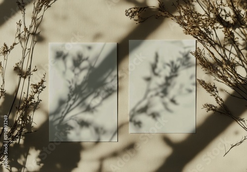 Interesting Play of Light and Shadow on Blank Cards With Dried Flowers on a T...