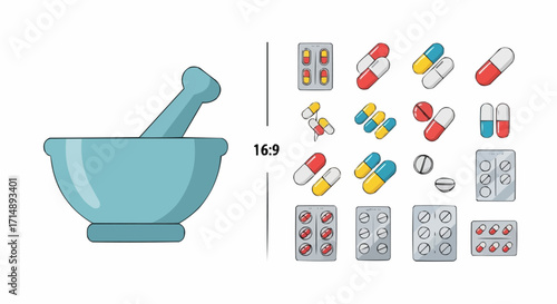 Medicine and pharmacy pharmacy mortar and pestle with various medicine pills capsules and blister packs for healthcare and treatment vector