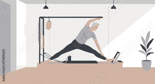 Senior Man Stretching on Pilates Reformer Maintaining Fitness and Flexibility Indoors