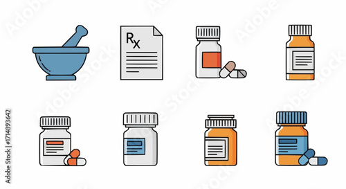 Medicine and pharmacy pharmacy medication prescription pills mortar and pestle healthcare pharmaceutical drugs treatment concept vector vector