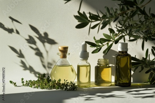 Natural Oils Displayed on a Minimalistic Surface With Green Herbs Under Soft ...