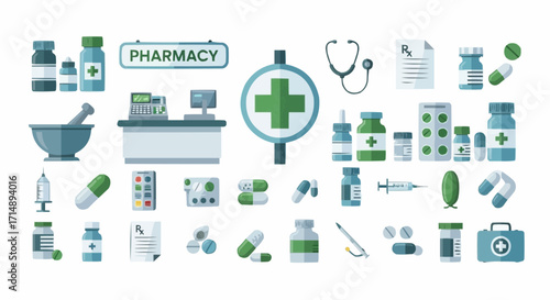 Medicine and pharmacy pharmacy medical supplies and healthcare products vector illustration for online store and website use vector