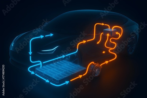 Cutaway View of Electric Vehicle Thermal System with Glowing Coolant Flow