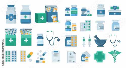 Medicine and pharmacy medical supplies vector illustration featuring medicine bottles pills stethoscope and prescription for pharmacy use vector